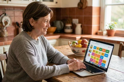 Femme abonnée jouant aux jeux Ouest-France en ligne sur son ordinateur portable dans sa cuisine