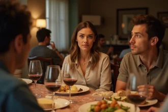 Femme émotionnellement distante assise lors d'un repas de famille, entourée de proches sans ressentir de connexion affective