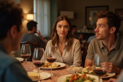Femme émotionnellement distante assise lors d'un repas de famille, entourée de proches sans ressentir de connexion affective