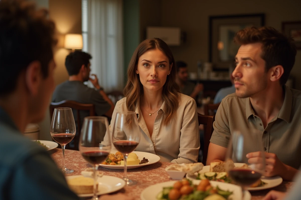 Femme émotionnellement distante assise lors d'un repas de famille, entourée de proches sans ressentir de connexion affective