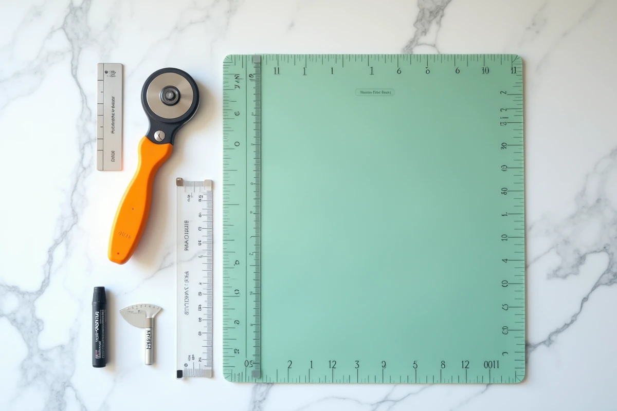 Accessoires de coupe et de traçage pour la couture moderne disposés sur marbre blanc : cutter rotatif, règles, tapis de coupe et craie de tailleur