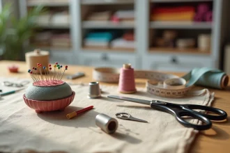 Accessoires de couture vintage disposés à plat sur une table en lin naturel : épingles, dé à coudre, ciseaux, bobines de fil et mètre ruban