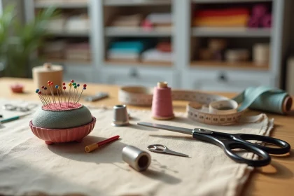 Accessoires de couture vintage disposés à plat sur une table en lin naturel : épingles, dé à coudre, ciseaux, bobines de fil et mètre ruban