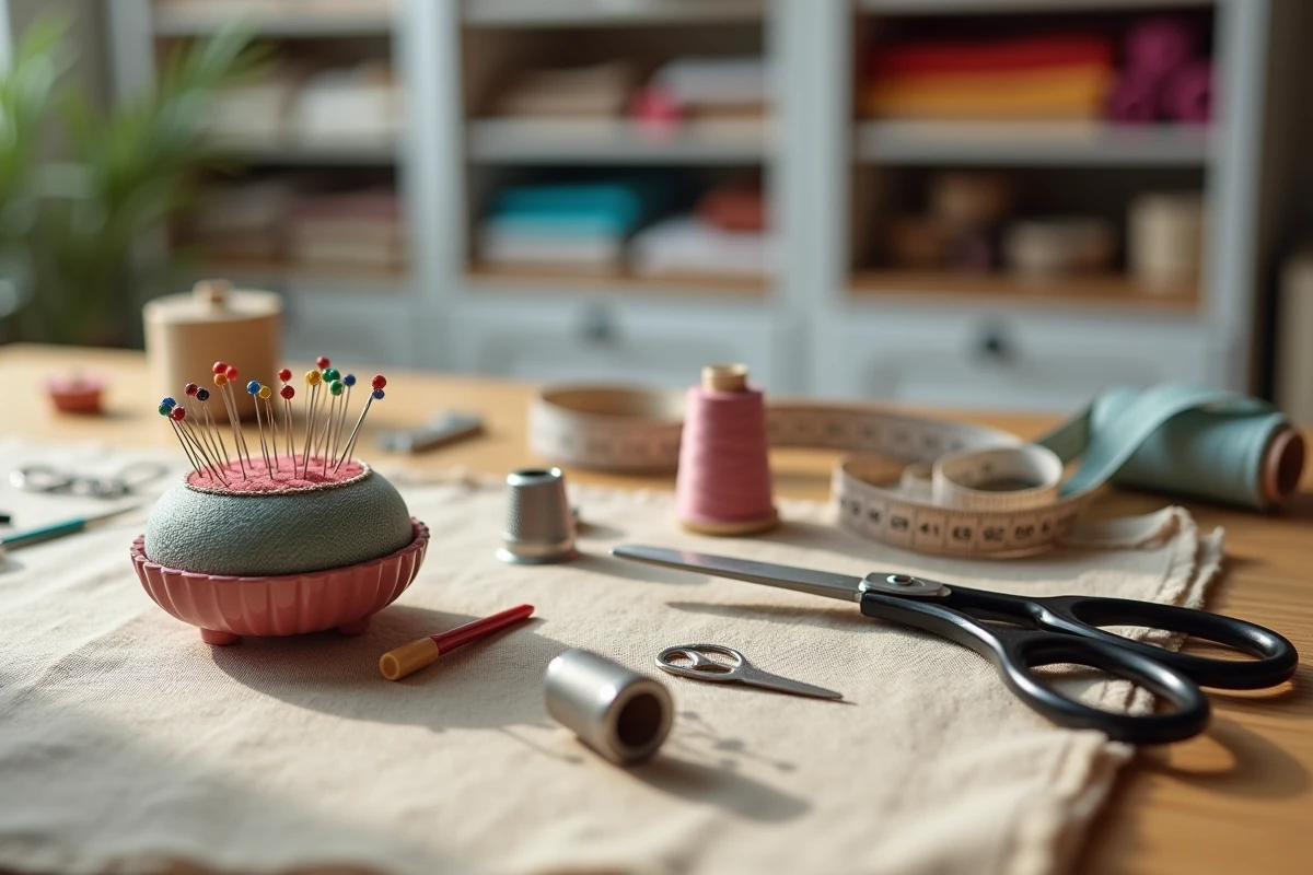 Accessoires de couture vintage disposés à plat sur une table en lin naturel : épingles, dé à coudre, ciseaux, bobines de fil et mètre ruban