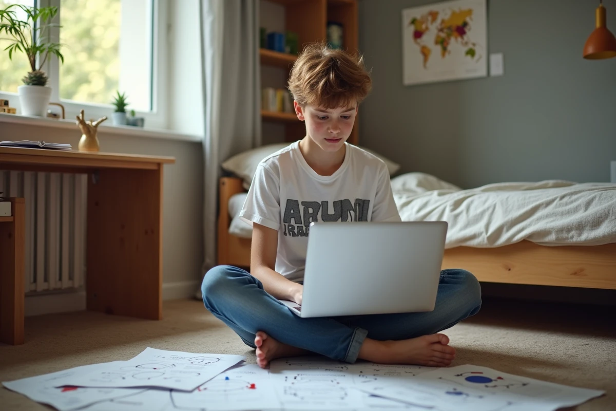 Adolescent apprenant la physique quantique pour les débutants avec un ordinateur portable et des schémas d'atomes