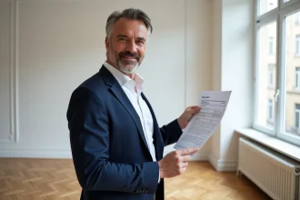 Agent immobilier tenant un document DPE dans un appartement vide lors d'une visite