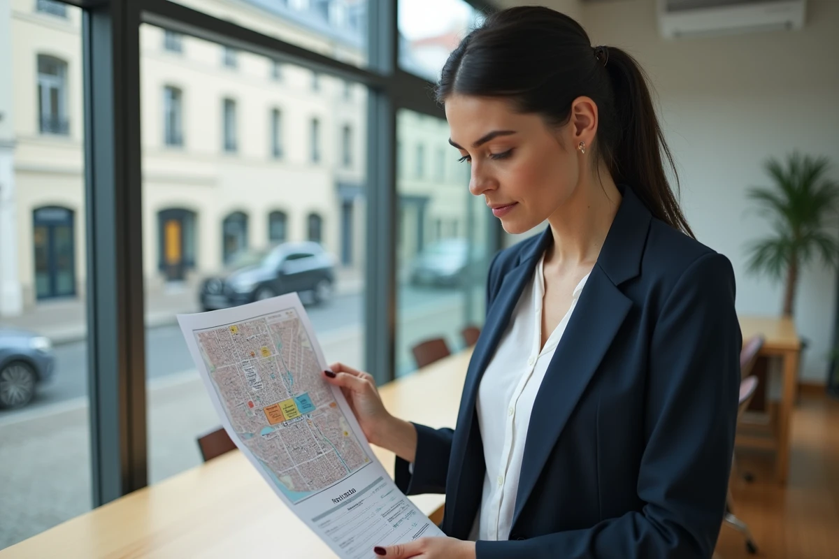 Agente immobilière consultant une carte des prix au m2 par quartier dans une agence moderne