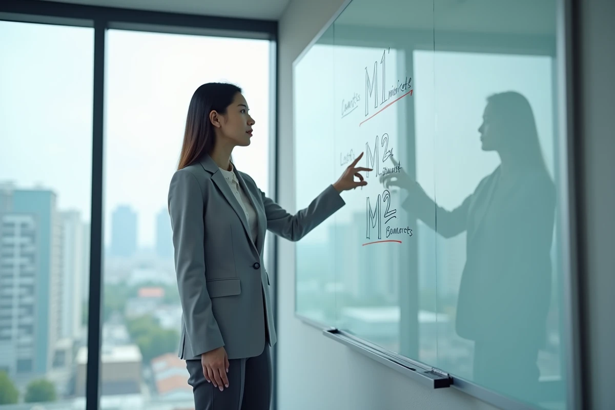 Femme présentant les agrégats monétaires M1 M2 et M3 sur un tableau blanc dans une salle de réunion bancaire moderne