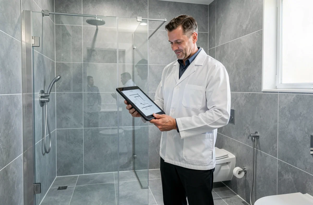 Plombier AJC Plomberie installant un système de douche dans une salle de bain moderne