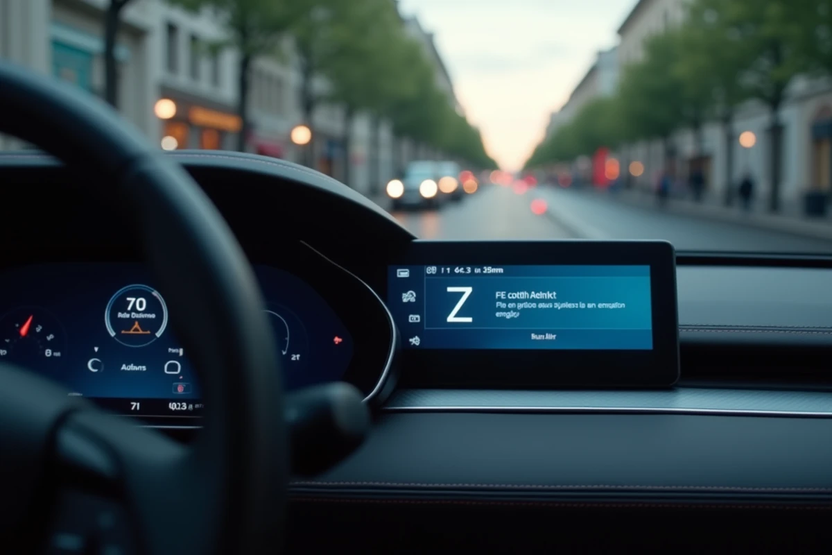 Tableau de bord numérique d'une voiture affichant une alerte de zone à faibles émissions, avec la rue française visible en arrière-plan flou, symbolisant les nouvelles règles de circulation 2026