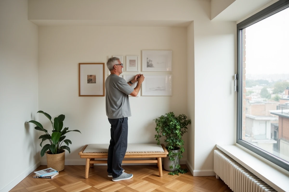 Homme aménageant une alcôve vide avec des cadres, une plante et une banquette en rotin dans une chambre moderne