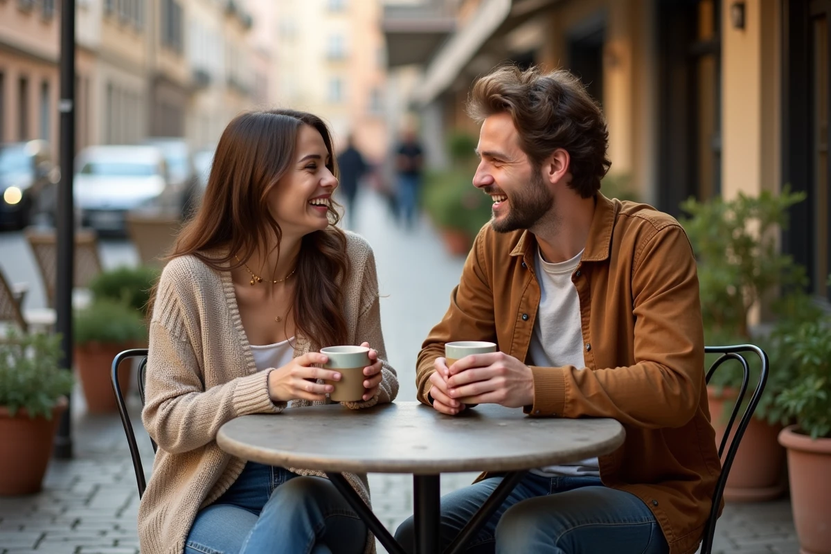 Deux amis riant ensemble en terrasse de café autour d'un café, moment de détente et de connexion sociale contre le stress