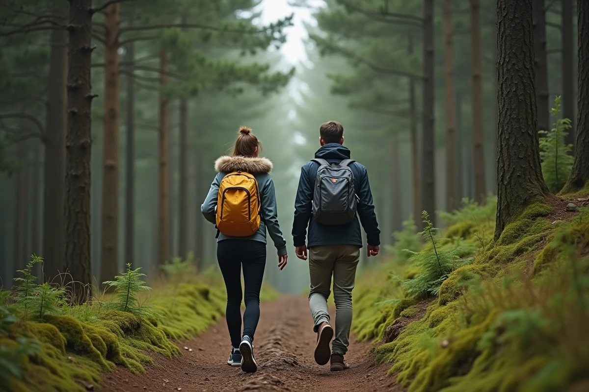 Deux amis randonneurs souriant sur un sentier forestier, montrant comment les activités en plein air aident à réduire le stress
