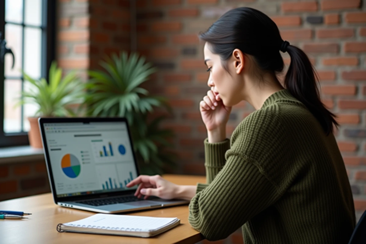 Femme analysant l'impact environnemental des grandes entreprises technologiques comme Microsoft sur un ordinateur portable à domicile