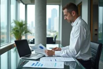 Analyste financier examinant des contrats de forward dans un bureau d'entreprise moderne