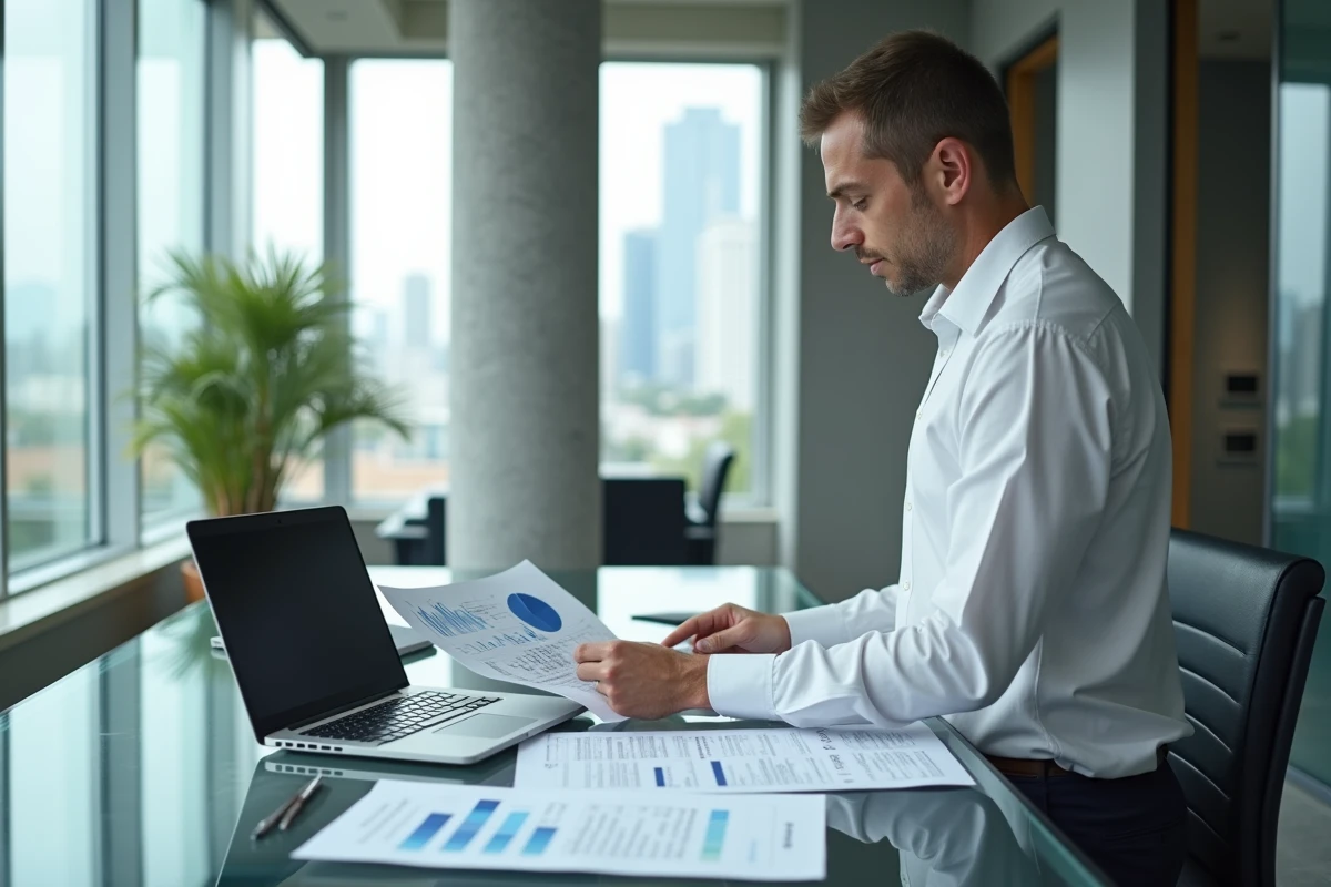 Analyste financier examinant des contrats de forward dans un bureau d'entreprise moderne