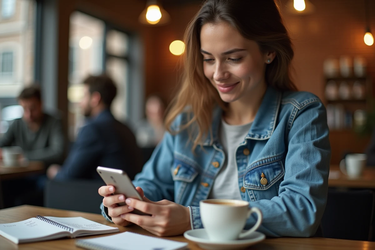 Jeune femme utilisant une application bancaire mobile pour effectuer un transfert d'argent à l'étranger dans un café