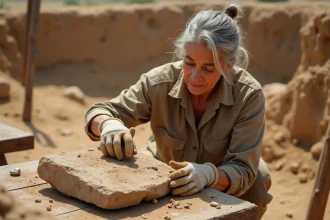 Archéologue examinant un artefact en pierre ancienne lors d'une fouille, illustrant la durabilité des matériaux à travers les âges