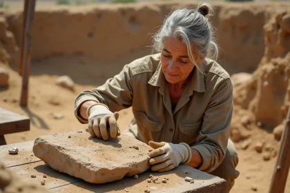 Archéologue examinant un artefact en pierre ancienne lors d'une fouille, illustrant la durabilité des matériaux à travers les âges