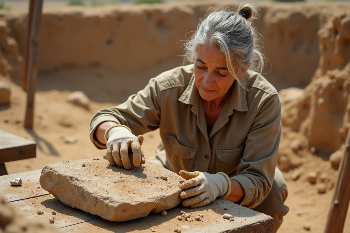 Archéologue examinant un artefact en pierre ancienne lors d'une fouille, illustrant la durabilité des matériaux à travers les âges