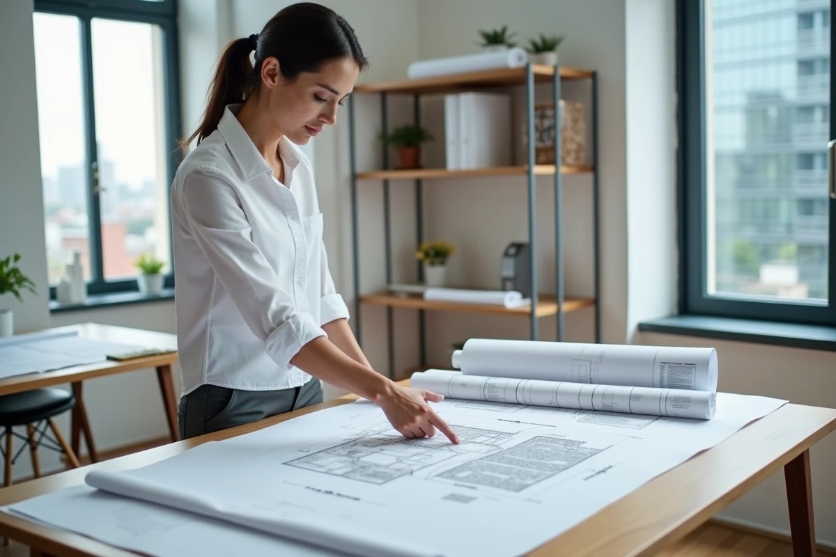 Architecte étudiant des plans de réglementation thermique et des schémas d'isolation de bâtiment dans un bureau professionnel