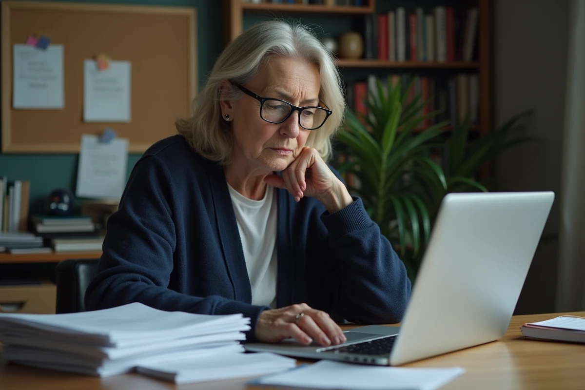 Femme en congé maladie pour dépression face à son ordinateur avec des formulaires d'arrêt de travail et de sécurité sociale sur son bureau