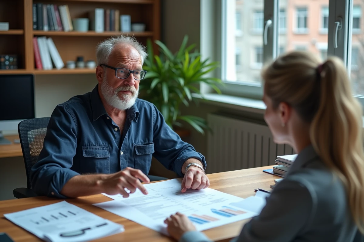 Artisan charpentier consultant un comptable pour comprendre sa fiscalité et ses charges professionnelles dans un bureau