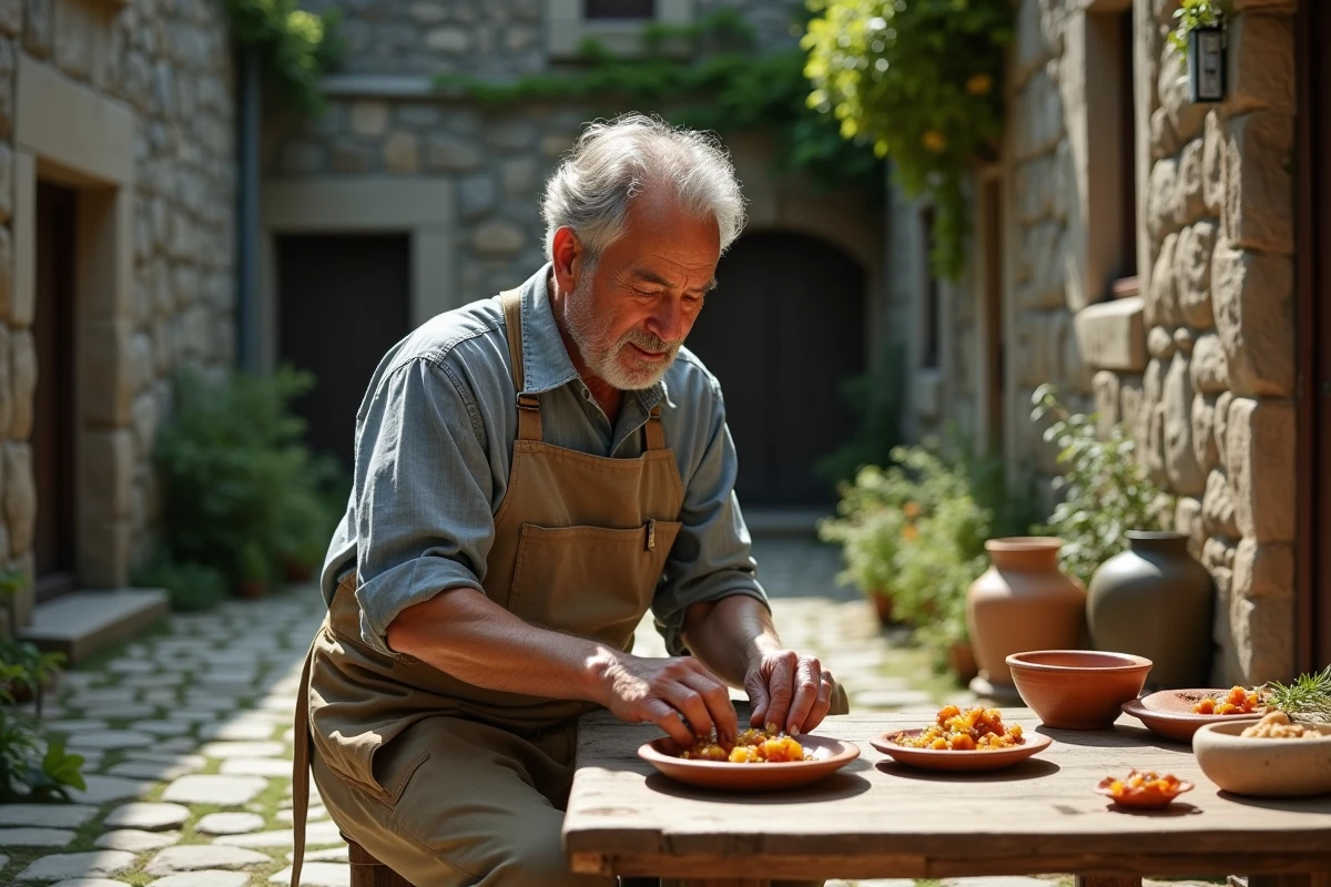 Artisan préparant des ingrédients traditionnels dans une cour rustique en pierres, représentant le savoir-faire de la vrade