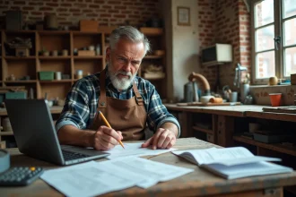 Artisan assis à son établi examinant des documents fiscaux et une déclaration d'impôts sur son ordinateur portable dans un atelier en brique