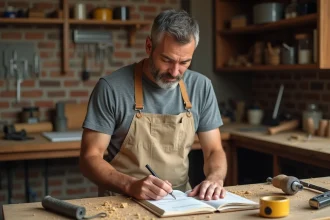 Artisan masculin consultant une facture manuscrite dans son atelier avec des outils sur un établi en bois