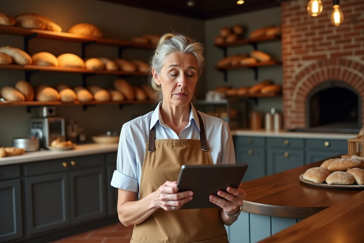 Artisane boulangère dépassée par un outil numérique dans sa boutique traditionnelle, symbolisant le fossé de la transformation digitale
