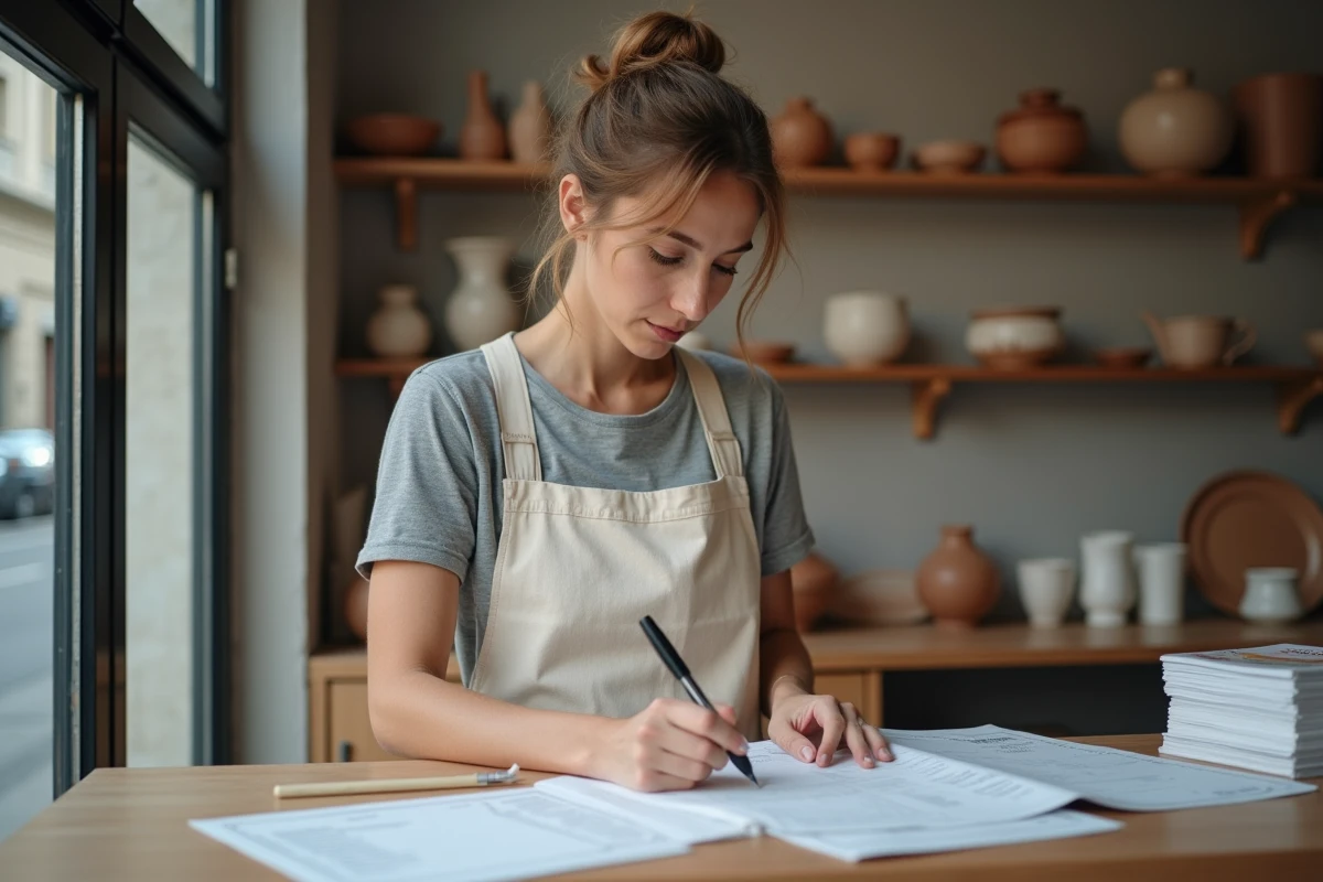 Artisane céramiste remplissant un formulaire fiscal URSSAF au comptoir de son atelier de poterie