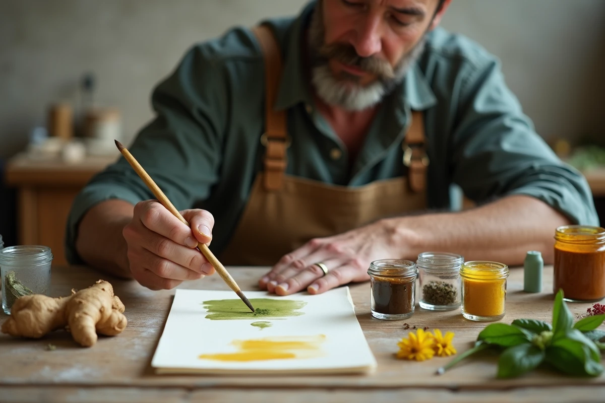 Artiste appliquant de la peinture végétale sur du papier aquarelle avec un pinceau dans un atelier aux murs en plâtre brut