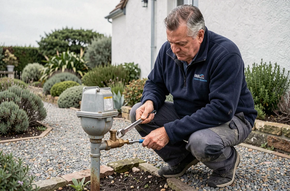 Technicien Atlantique Habitat Le Dépannage intervenant sur un compteur d'eau extérieur en Charente-Maritime