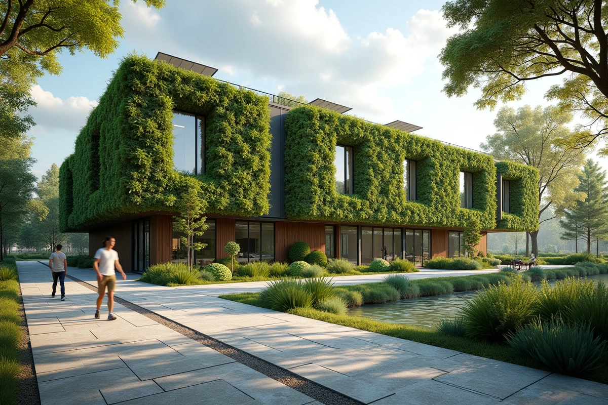 Façade végétalisée d'un bâtiment durable en ville avec mur végétal et panneaux solaires, symbolisant la croissance durable en architecture