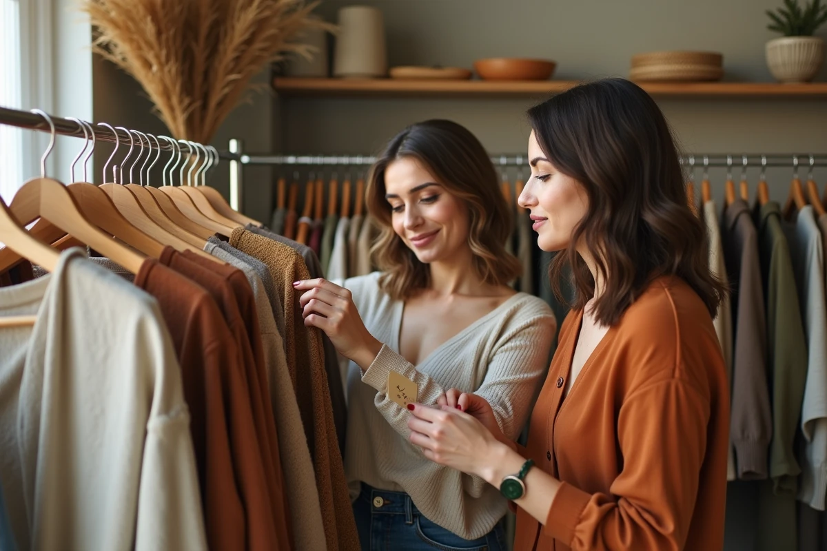 Deux femmes inspectant des vêtements équitables et d'occasion dans une boutique de mode éthique et durable
