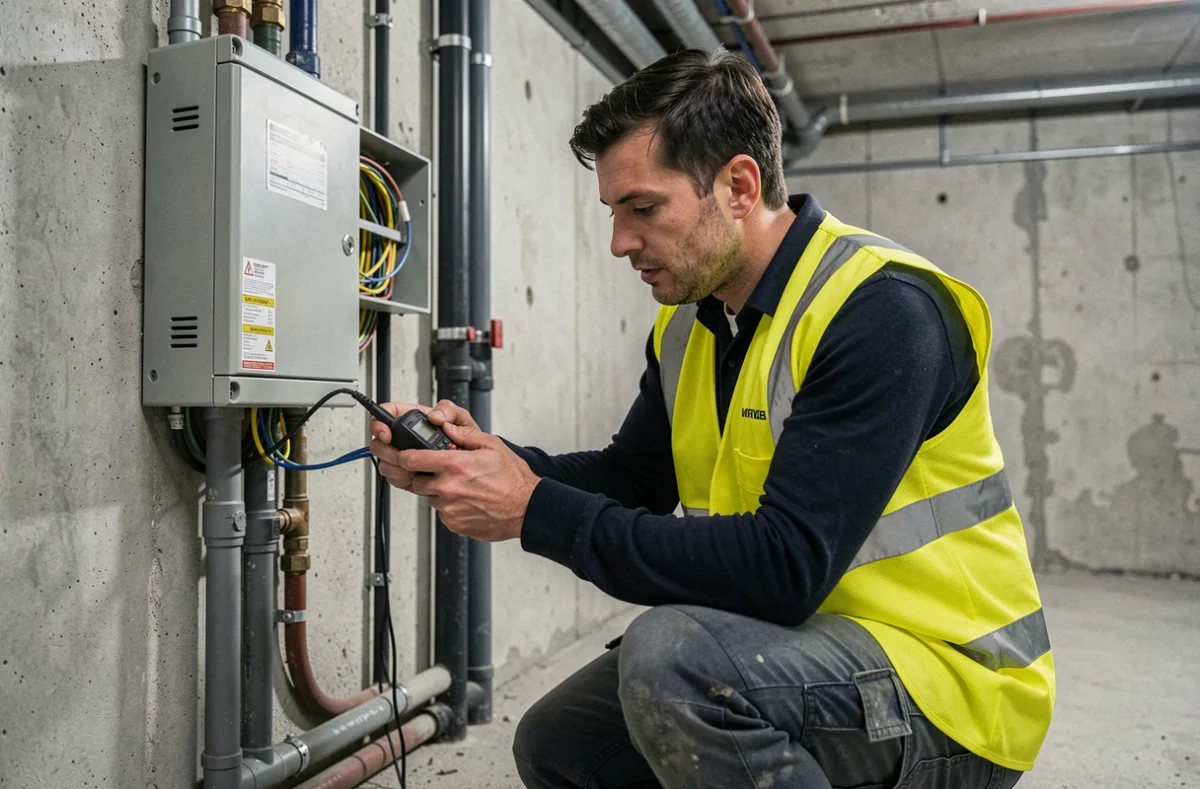 Technicien Cable et Vous contrôlant un tableau électrique dans un sous-sol résidentiel
