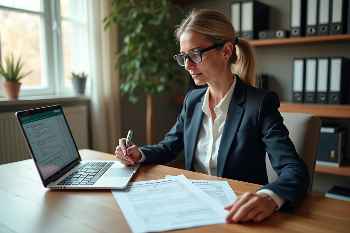 Femme calculant le remboursement kilométrique d'un trajet professionnel en voiture à son bureau