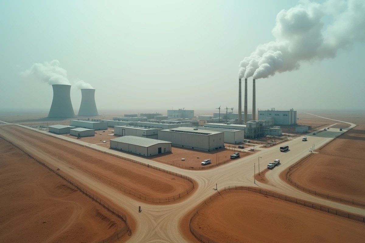 Vue aérienne d'un campus hyperscale de cloud computing avec tours de refroidissement et empreinte écologique visible sur terrain aride