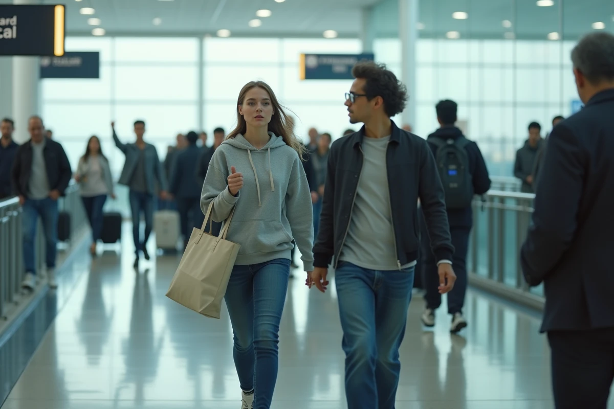 Jeune femme célèbre traversant un aéroport sous les regards curieux et intrusifs des passants
