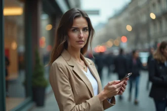 Femme célèbre mal à l'aise face à l'attention du public dans une rue animée de la ville