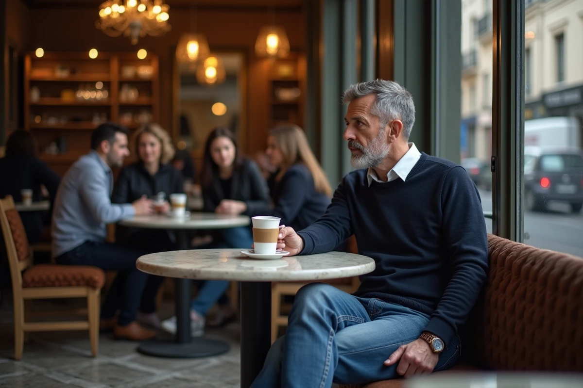 Homme célèbre méditatif et solitaire assis dans un café parisien, réfléchissant à sa notoriété