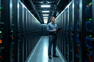 Centre de données massif de Microsoft avec rangées de serveurs et technicien inspectant l'infrastructure numérique énergivore