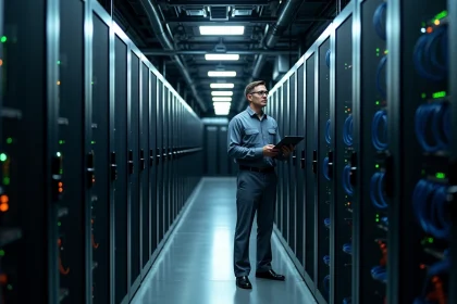 Centre de données massif de Microsoft avec rangées de serveurs et technicien inspectant l'infrastructure numérique énergivore
