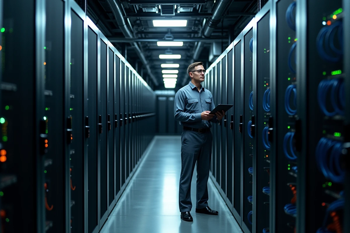 Centre de données massif de Microsoft avec rangées de serveurs et technicien inspectant l'infrastructure numérique énergivore