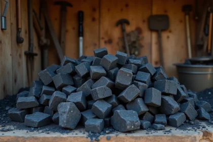 Gros plan sur des morceaux de charbon de bois posés sur un établi en bois, révélant la structure poreuse et fibreuse issue du bois carbonisé