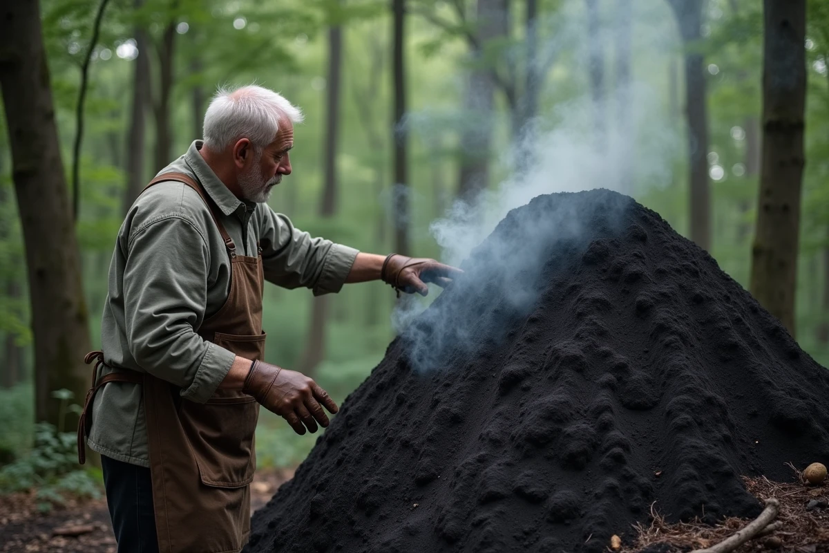 Charbonnier debout devant une meule traditionnelle dans une clairière forestière, avec de la fumée s'échappant du four de carbonisation du bois