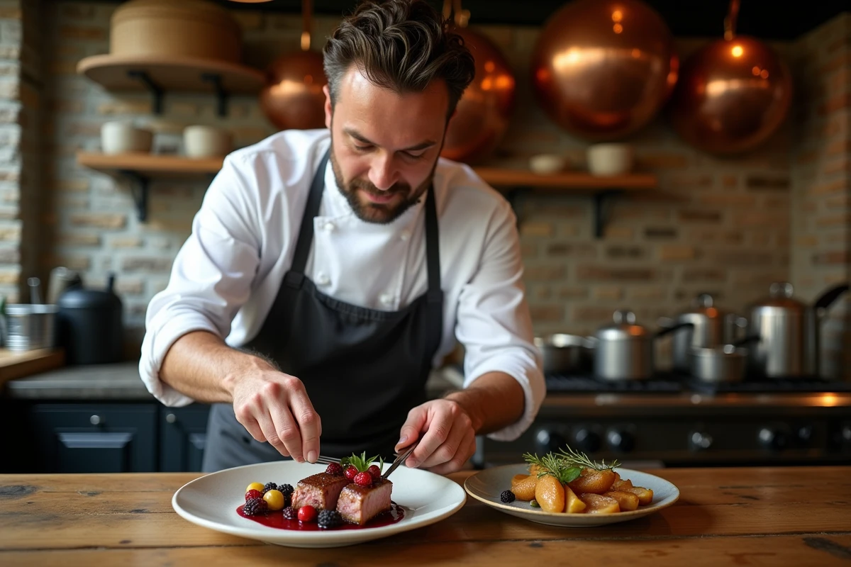 Chef cuisinier préparant un plat gastronomique avec des ingrédients locaux dans une cuisine de bistrot français