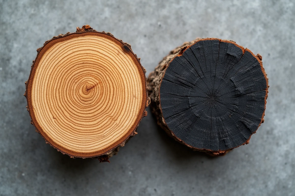 Comparaison côte à côte d'une section de bûche en bois naturel et d'un morceau de charbon de bois sur fond de béton, illustrant le processus de carbonisation