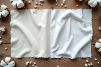 Comparaison de tissu coton naturel et polyester synthétique posés côte à côte sur une table en bois, illustrant la question de la durabilité et de l'impact environnemental des matières textiles